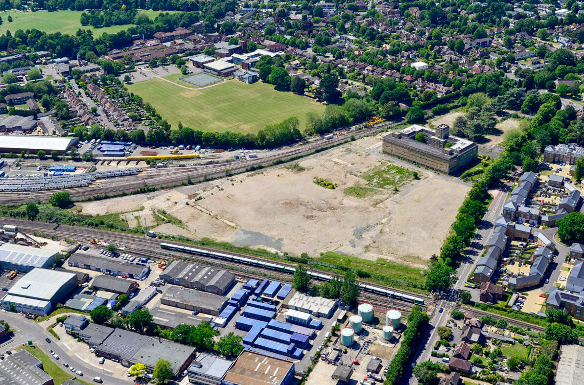 A recent aerial view showing the buildings that have been retained